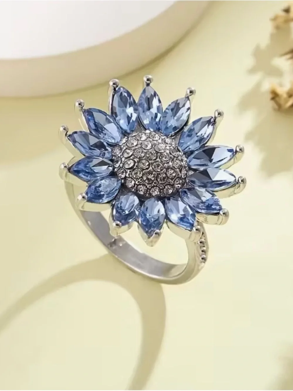 Silver-Tone Sunflower Cocktail Ring with Light Blue Stones